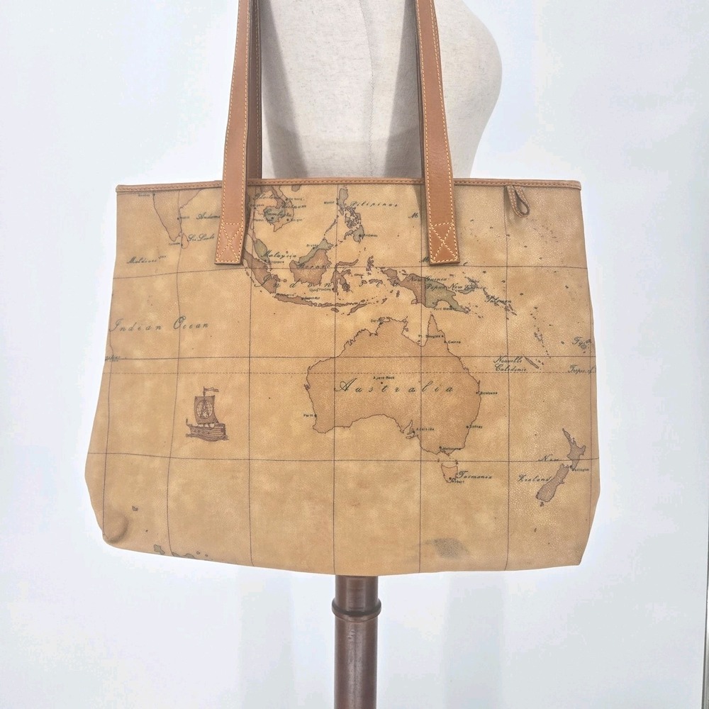 Alviero Martini 1A Classe Geo Classic Map Large Tote Bag Leather Italy Vintage